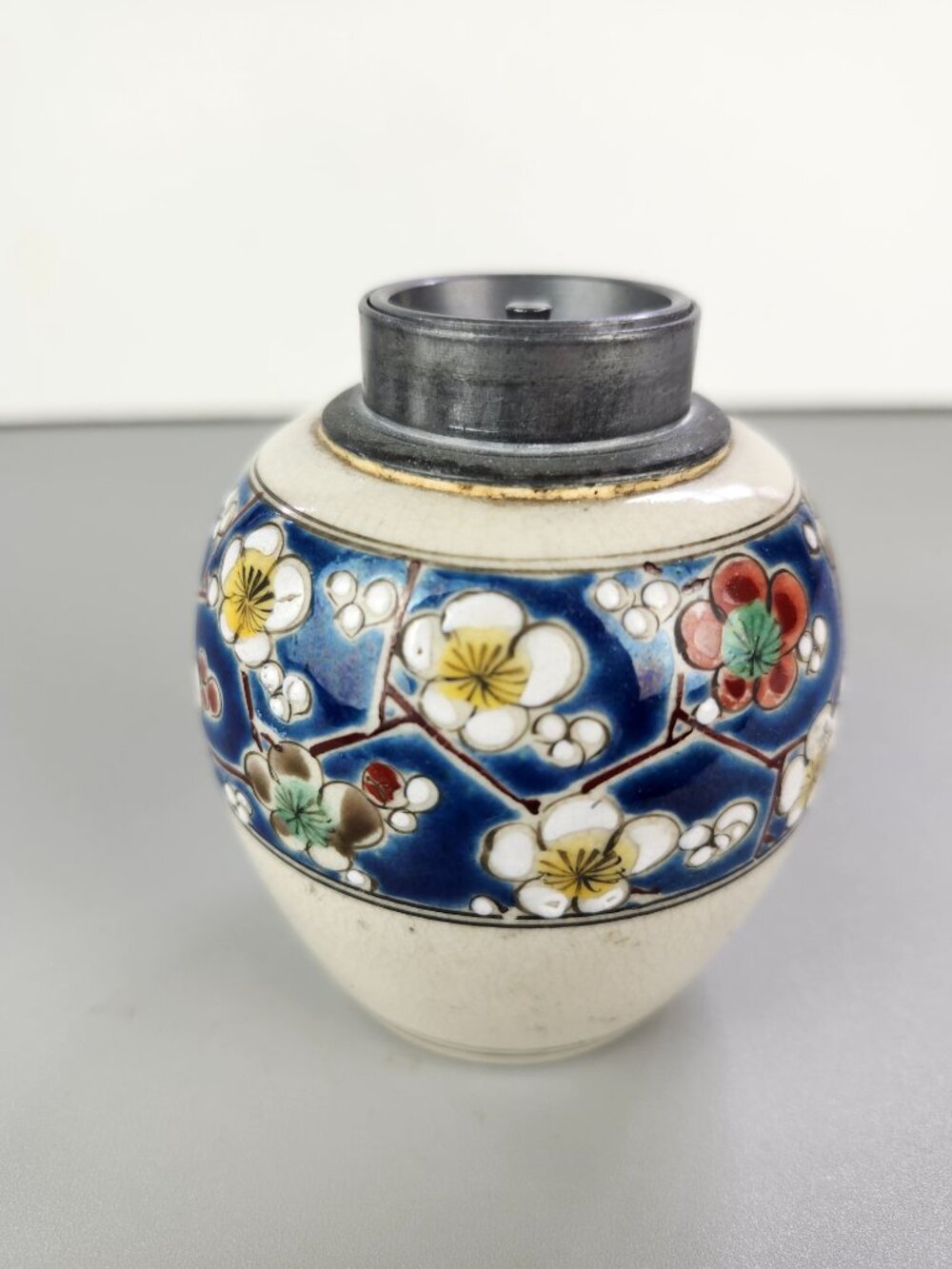 VTG Japan - Miniature Hand-Painted Ceramic Ginger Jar/Vase w/Pewter Lid